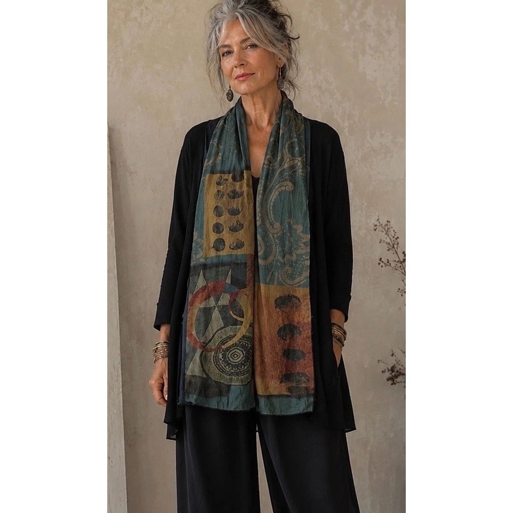Pyramid Collection Mixed Media Floral Cardigan Black Open Front Art To Wear L